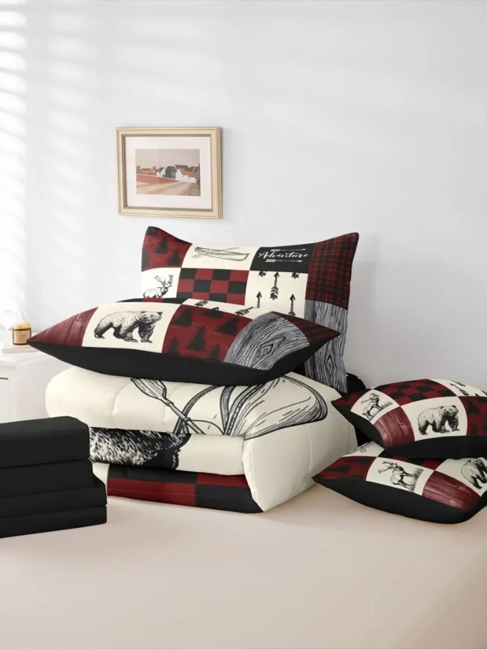 Country Rustic Twin Comforter Set 7 Piece,Farmhouse Plaid Checkered Bedding with